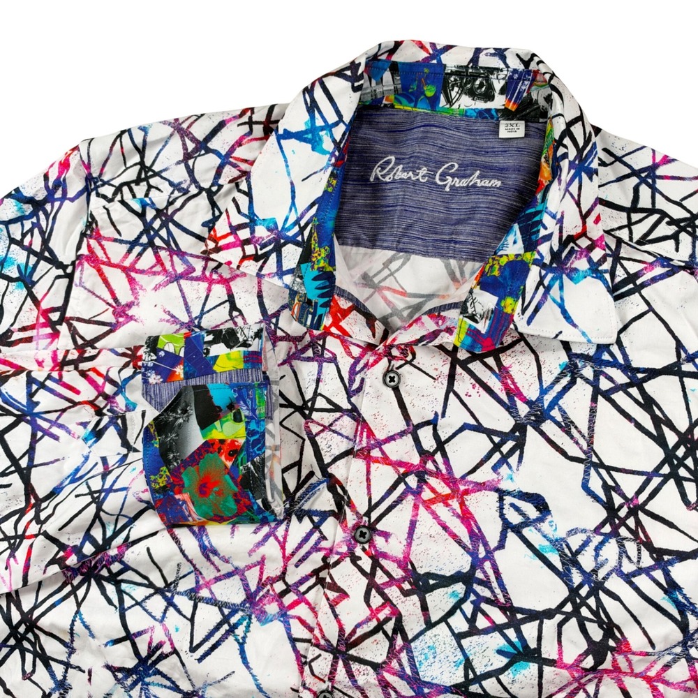Robert Graham Button Down Shirt Mens 2XL White Abstract Geometric Long Sleeve